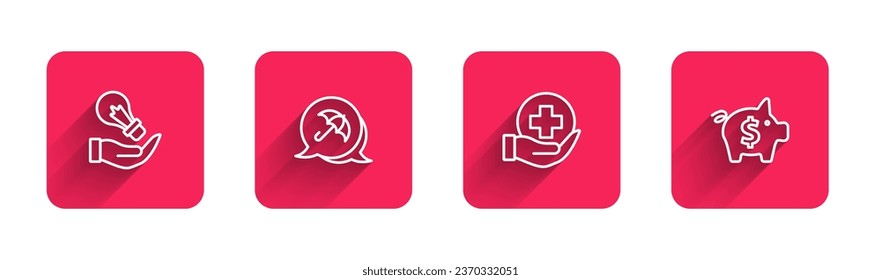 Set line Light bulb in hand, Umbrella, Life insurance and Piggy bank with long shadow. Red square button. Vector