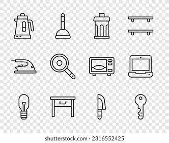 Fijar línea Bombilla, Llave de la casa, lata de basura, Pista de noche de muebles, Calentador eléctrico, Cuchillo de fritura, Cuchillo e icono de la laptop. Vector
