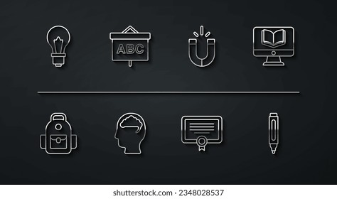 Set line Light bulb with idea, School backpack, Online class, Certificate template, Human brain, Chalkboard, Marker pen and Magnet icon. Vector