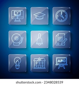 Set line Light bulb with idea, School building, Chalkboard, Clock, Ringing bell, alarm, Online class and Exam sheet and pencil icon. Vector
