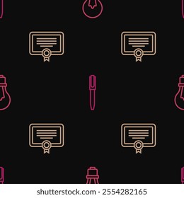 Set line Light bulb with idea, Certificate template and Pen on seamless pattern. Vector