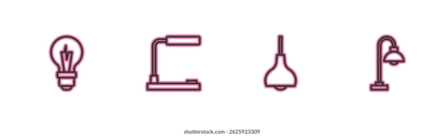 Set line Light bulb, Lamp hanging, Table lamp and Floor icon. Vector