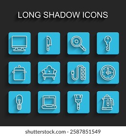 Set line Light bulb, Laptop, Smart Tv, Paint brush, Electric kettle, Sofa, Clock and extension icon. Vector