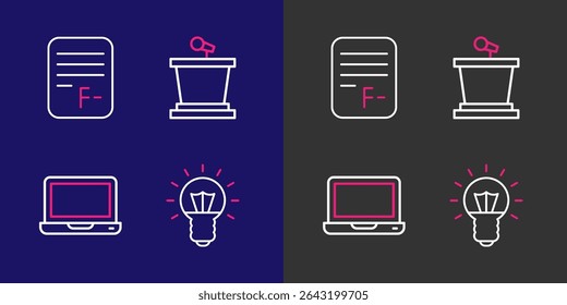 Set line Light bulb, Laptop, Stage stand and Exam paper with incorrect answers icon. Vector