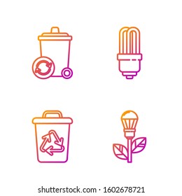 Set line Light bulb with leaf, Recycle bin with recycle symbol, Recycle bin with recycle symbol and LED light bulb. Gradient color icons. Vector