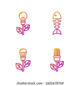 Set line Light bulb with leaf, Light bulb with leaf, Light bulb with leaf and Fish skeleton. Gradient color icons. Vector