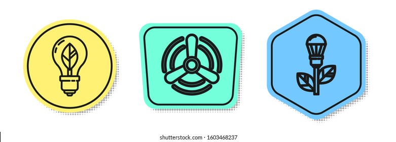 Set line Light bulb with leaf, Wind turbine and Light bulb with leaf. Colored shapes. Vector