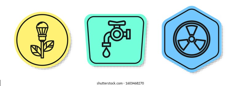 Set line Light bulb with leaf, Water tap and Radioactive. Colored shapes. Vector