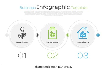 Set line Light bulb with leaf, Paper shopping bag with recycle and Eco House with recycling symbol. Business infographic template. Vector