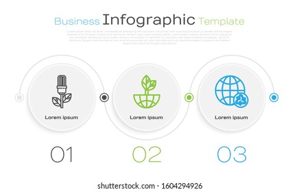 Set line Light bulb with leaf, Earth globe and leaf and Planet earth and a recycling. Business infographic template. Vector