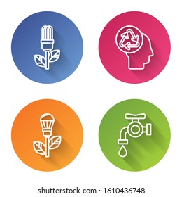 Set line Light bulb with leaf, Human head with recycle, Light bulb with leaf and Water tap. Color circle button. Vector