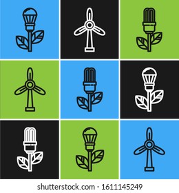 Set line Light bulb with leaf, Light bulb with leaf and Wind turbine icon. Vector
