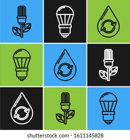 Set line Light bulb with leaf, Recycle clean aqua and LED light bulb icon. Vector