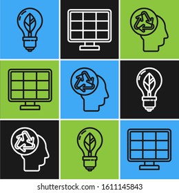 Set line Light bulb with leaf, Human head with recycle and Solar energy panel icon. Vector