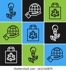 Set line Light bulb with leaf, Paper shopping bag with recycle and Human hands holding Earth globe icon. Vector