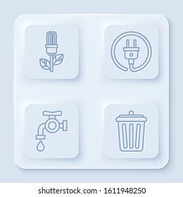 Set line Light bulb with leaf, Electric plug, Water tap and Trash can. White square button. Vector