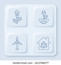 Set line Light bulb with leaf, Electric saving plug in leaf, Wind turbine and Eco House with recycling symbol. White square button. Vector