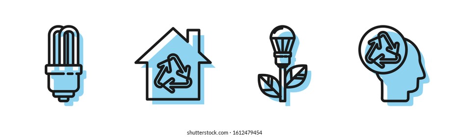 Set line Light bulb with leaf, LED light bulb, Eco House with recycling symbol and Human head with recycle icon. Vector