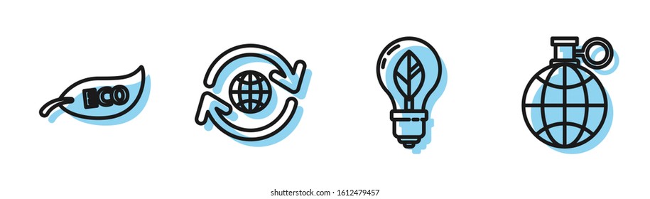 Set line Light bulb with leaf, Leaf Eco symbol, Planet earth and a recycling and Planet earth and a recycling icon. Vector