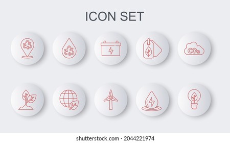 Set line Light bulb with leaf, Plant, Car battery, Water energy, Recycle, clean aqua, Earth globe and and Wind turbine icon. Vector