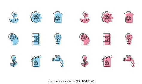 Fijar línea Bombilla de luz con hoja, símbolo de reciclaje de etiquetas, globo terrestre y, grifo de agua, línea de barril de aceite, cabeza humana e icono de engranaje de reciclaje. Vector