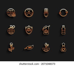 Set line Light bulb with leaf, Leaf Bio symbol, Planet earth and recycling, Earth globe, Garbage bag recycle, Recycle inside shield, Bottle of water and Tag icon. Vector