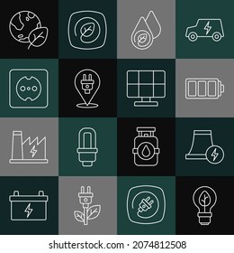 Set line Light bulb with leaf, Nuclear power plant, Battery, Water energy, Electric plug, Electrical outlet, Earth globe and and Solar panel icon. Vector