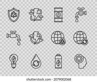 Set line Light bulb with leaf, Human head gear inside, Oil barrel line, Recycle clean aqua, symbol shield, Recharging, Recycling plastic bottle and Planet earth and recycling icon. Vector