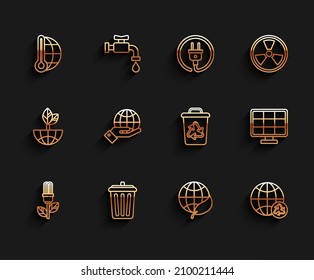Set line Light bulb with leaf, Meteorology thermometer measuring, Earth globe and, Planet earth recycling, Human hands holding, Solar energy panel and Recycle bin recycle symbol icon. Vector