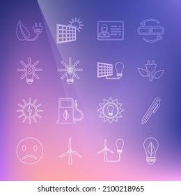 Set line Light bulb with leaf, Pen, Electric saving plug in, Identification badge, gear,  and Solar energy panel and light icon. Vector