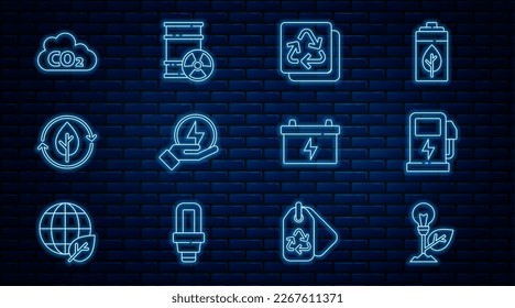 Set line Light bulb with leaf, Electric car charging station, Recycle, Lightning bolt, and, CO2 emissions cloud, Car battery and Radioactive waste barrel icon. Vector