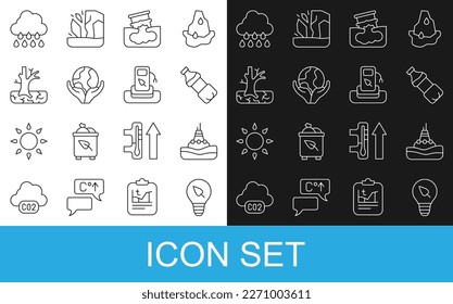 Set line Light bulb with leaf, Floating buoy on the sea, Bottle of water, Barrel oil leak, Hand holding Earth globe, Withered tree, Cloud rain and Petrol or gas station icon. Vector