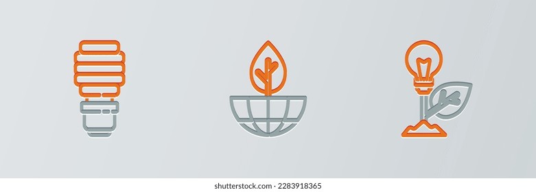 Fijar la línea Bombilla de luz con hoja, luz LED y globo terrestre e icono de planta. Vector
