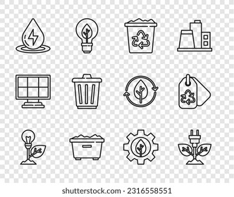 Set line Light bulb with leaf, Electric saving plug in, Recycle bin recycle, Trash can, Water energy, Leaf plant gear machine and Tag icon. Vector