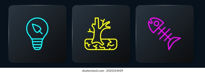 Bombilla de luz con hoja, pescado muerto y árbol marchitado. Botón cuadrado negro. Vector