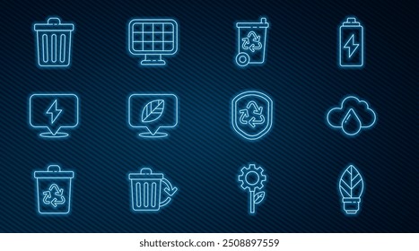 Set line Light bulb with leaf, Cloud rain, Recycle bin recycle, Location, Lightning bolt, Trash can, symbol inside shield and Solar energy panel icon. Vector