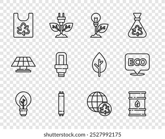 Set line Light bulb with leaf, Bio fuel barrel, Fluorescent lamp, Plastic bag recycle, LED light, Planet earth and recycling and Label for eco healthy food icon. Vector