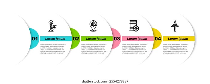 Set line Light bulb with leaf, Recycle, Radioactive waste in barrel and Wind turbine. Business infographic template. Vector