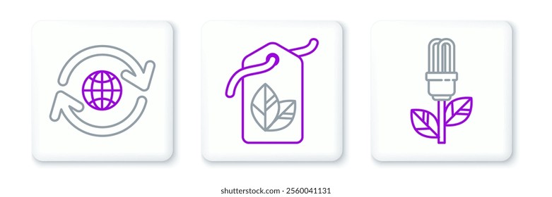 Set line Light bulb with leaf, Planet earth and recycling and Tag symbol icon. Vector