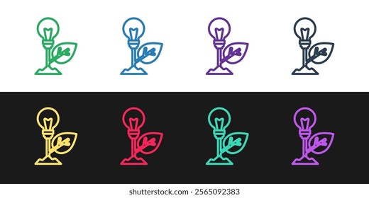 Set line Light bulb with leaf icon isolated on black and white background. Eco energy concept. Alternative energy concept.  Vector