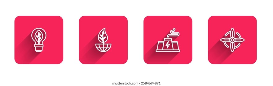 Set line Light bulb with leaf, Earth globe and, Power station plant factory and Wind turbine with long shadow. Red square button. Vector