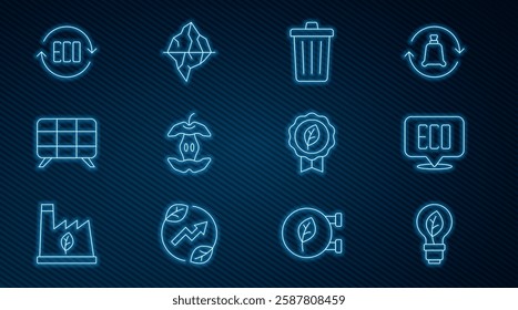 Set line Light bulb with leaf, Leaf Eco symbol, Trash can, Apple core, Solar energy panel,  and Iceberg icon. Vector