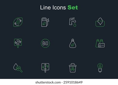 Set line Light bulb with leaf, Infectious waste, Recycle symbol, Drop and magnifying glass, Factory production, Garbage bag, Banner for bio and clean aqua icon. Vector