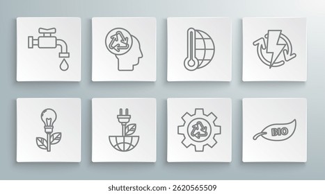 Set line Light bulb with leaf, Human head recycle, Electric saving plug in, Recycle symbol and gear, Leaf Bio, Meteorology thermometer measuring, Recharging and Water tap icon. Vector