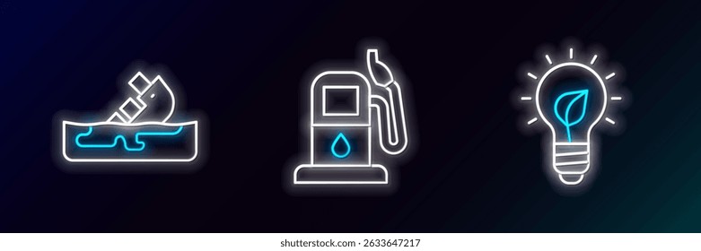 Set line Light bulb with leaf, Wrecked oil tanker ship and Petrol or gas station icon. Glowing neon. Vector