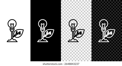 Set line Light bulb with leaf icon isolated on black and white background. Eco energy concept. Alternative energy concept.  Vector
