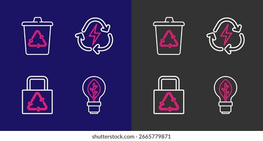 Fije la línea Bombilla con la hoja, reciclaje de la bolsa de papel, batería e icono de la papelera de reciclaje. Vector
