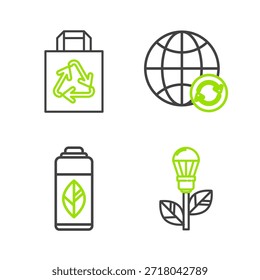 Bombilla de luz con hoja, botella de plástico de reciclaje, planeta tierra y reciclaje e icono de reciclaje de bolsas de compras de papel. Vector
