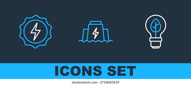 Set line Light bulb with leaf, Lightning bolt and Hydroelectric dam icon. Vector