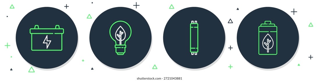 Definir linha Lâmpada com folha, lâmpada fluorescente, bateria de carro e Eco natureza e ícone. Vetor